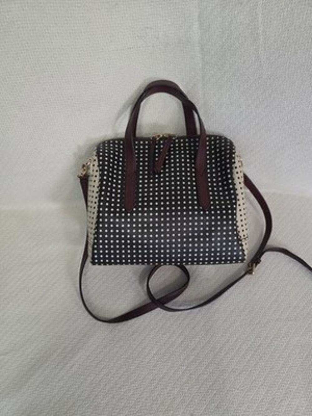 Fossil Satchel Handbag Crossbody Bag Black & White Polka Dot Brown Leather Trim